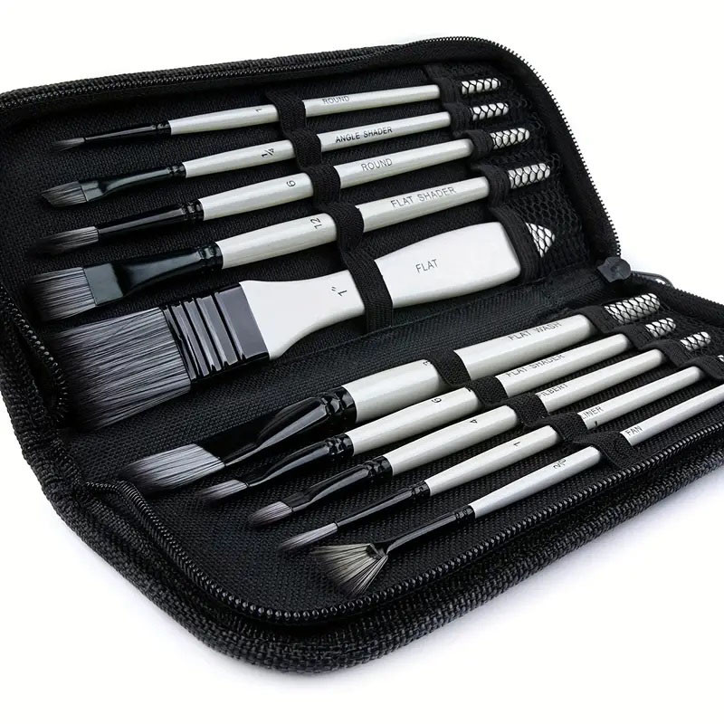 

10/12pcs Paint Brush Set with Cloth Bag, Premium Nylon Hair Brush For Acrylic, Watercolor, Oil And Gouache Painting