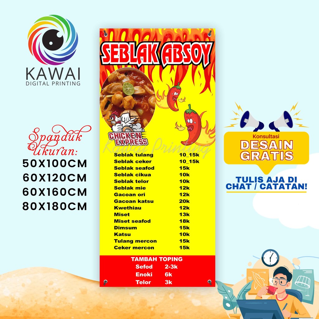 Spanduk Banner MMT Aneka Menu Seblak Desain Kuning Merah Ukuran 60x160