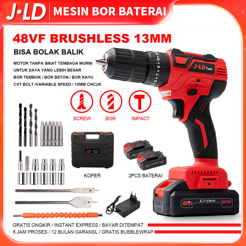 JLD 13mm mesin bor impact baterai brushless bor cas murah 2baterai 48V bor tangan baterai kualitas t