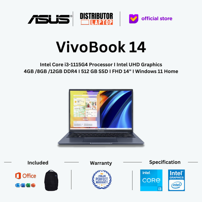 Laptop ASUS Vivobook 14 A1400EA i3-1115G4 RAM 8GB 512GB SSD W11 OHS - Black 4GB, Non Bundle