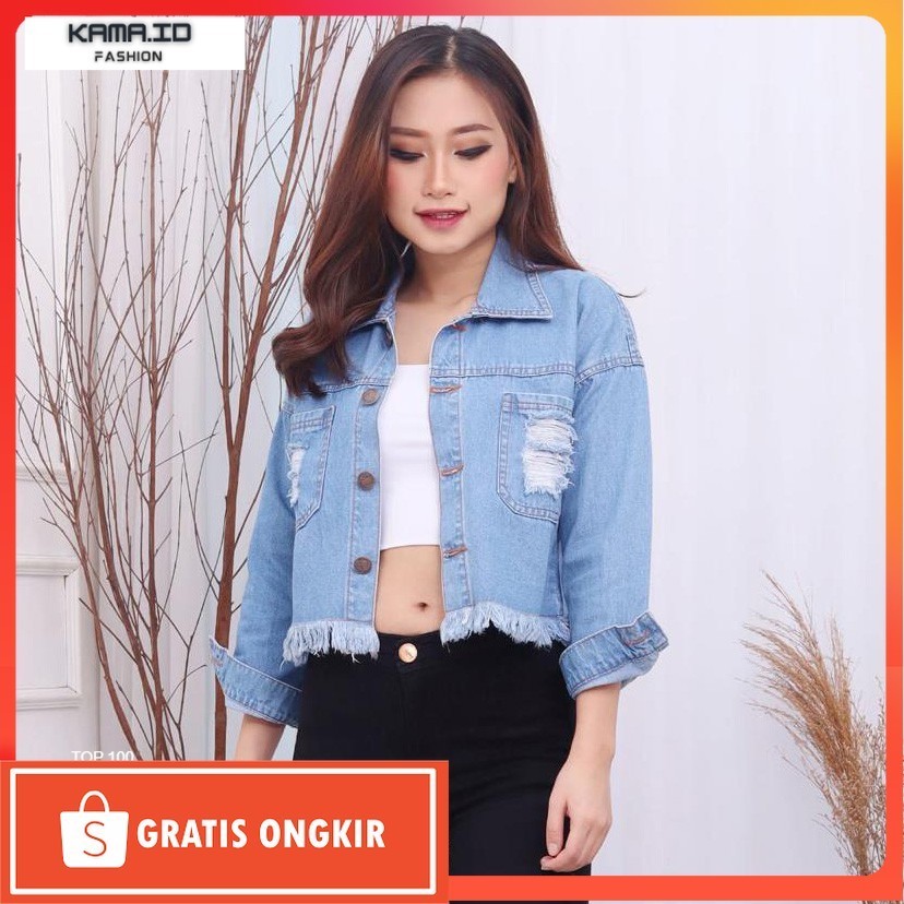 OuterWear / Jaket Jeans Candy Crop Rawis Wanita / Jaket Jins Sobek Ripped
