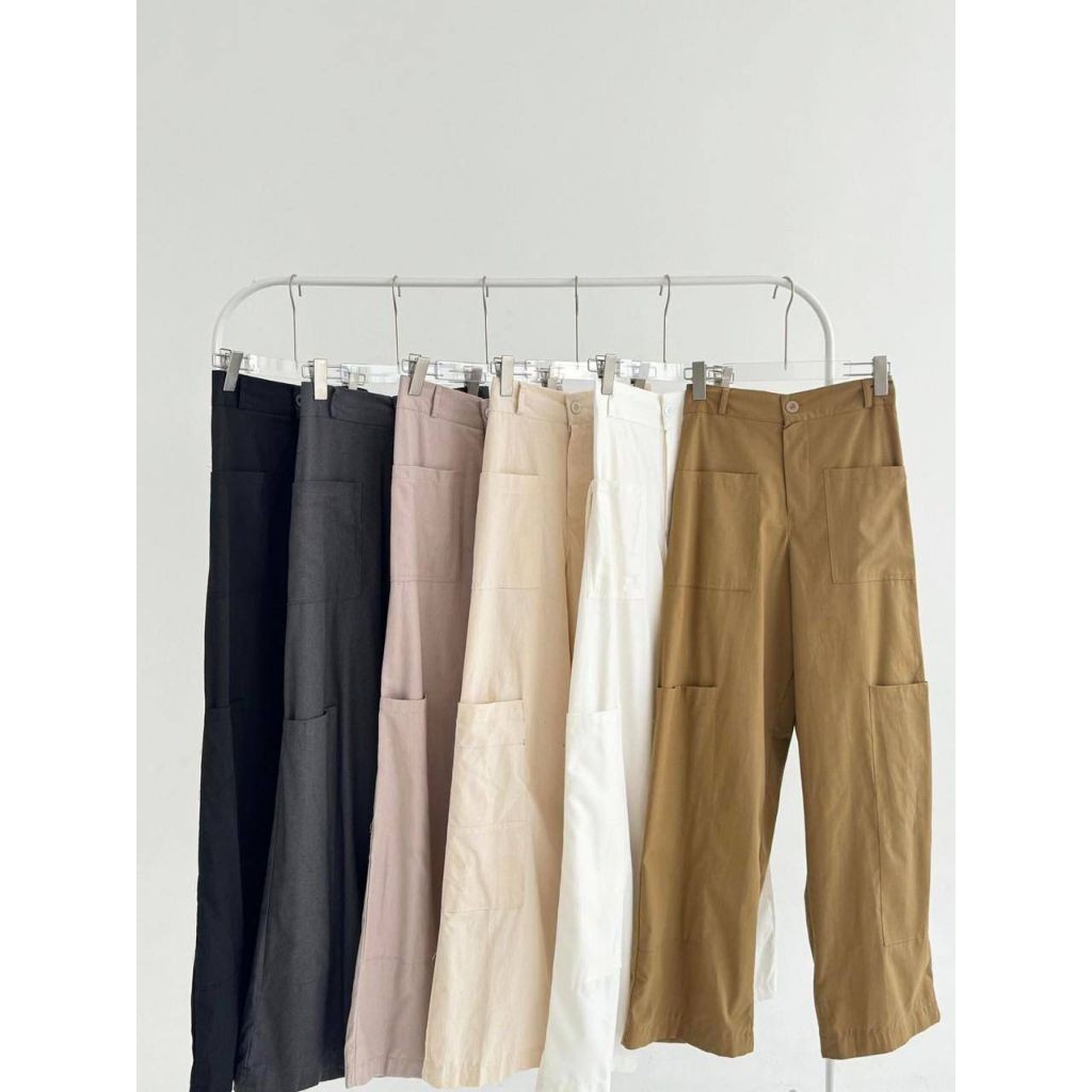 CELANA CARGO KATUN POLOS PANJANG VARIASI SATU BUTTON SLETING DEPAN PINGGANG KARET TWIN POCKET ATAS B