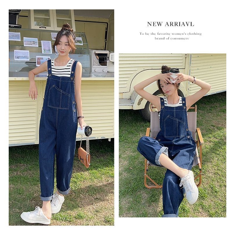 Overall Denim Untuk Wanita, Jumpsuit Kasual Longgar Gaya Korea