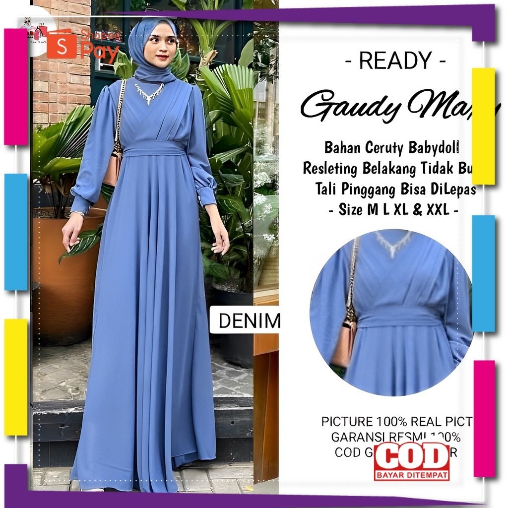 KAIN LEMBUT HALUS ADEM TEBAL / Dress Kondangan Wanita Muslim Polos Panjang Blue Denim Bahan Ceruty B