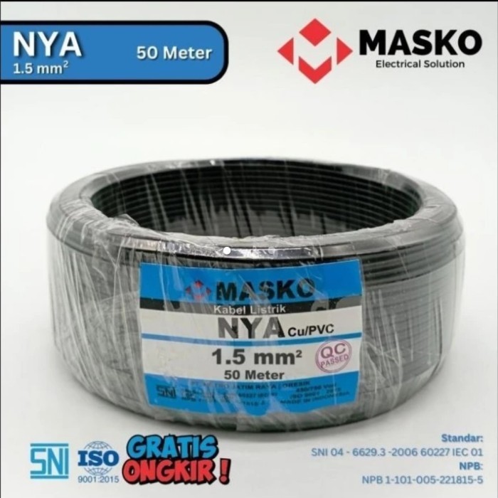 Kabel NYA 1.5mm Masko Kabel Listrik Tunggal 1.5 mm CU/PVC 50 Meter Rol