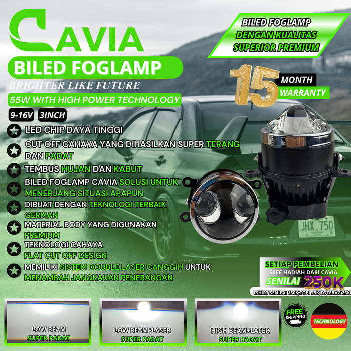 CAVIA - PREMIUM LAMPU BILED DOUBLE LASER FOGLAMP 3inch PROJECTOR HI/LO 80/110W SEPASANG SUPER TERANG