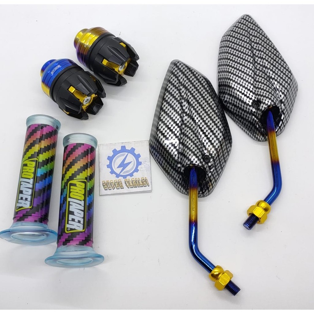 Spion jupiter mini karbon twotone+grip pelangin+jalu as naga twotone pelangi universal motor yamaha