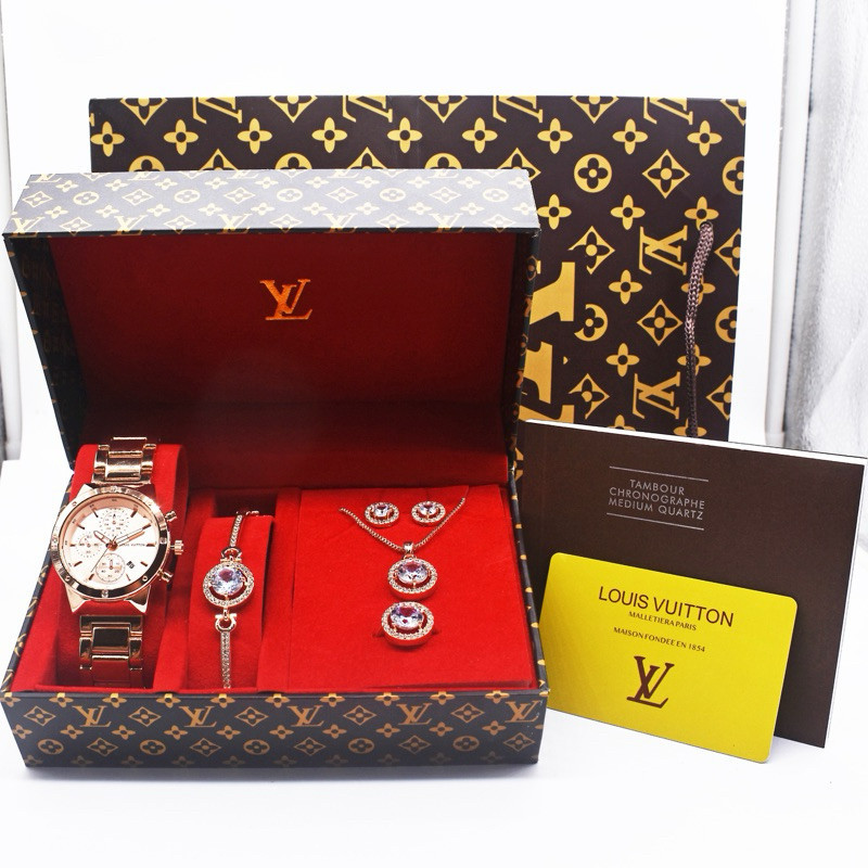 PAKET FULL SET - Jam tangan mewah wanita LV + aksesoris lengkap box & paper bag exclusive - FW