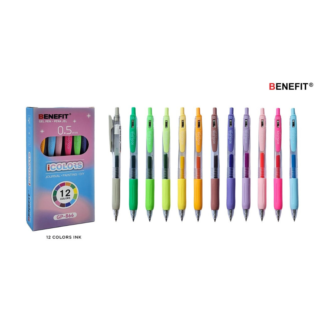 

Pulpen Gel 0.5mm BENEFIT ICOLORS clip GP-866 (12 warna)