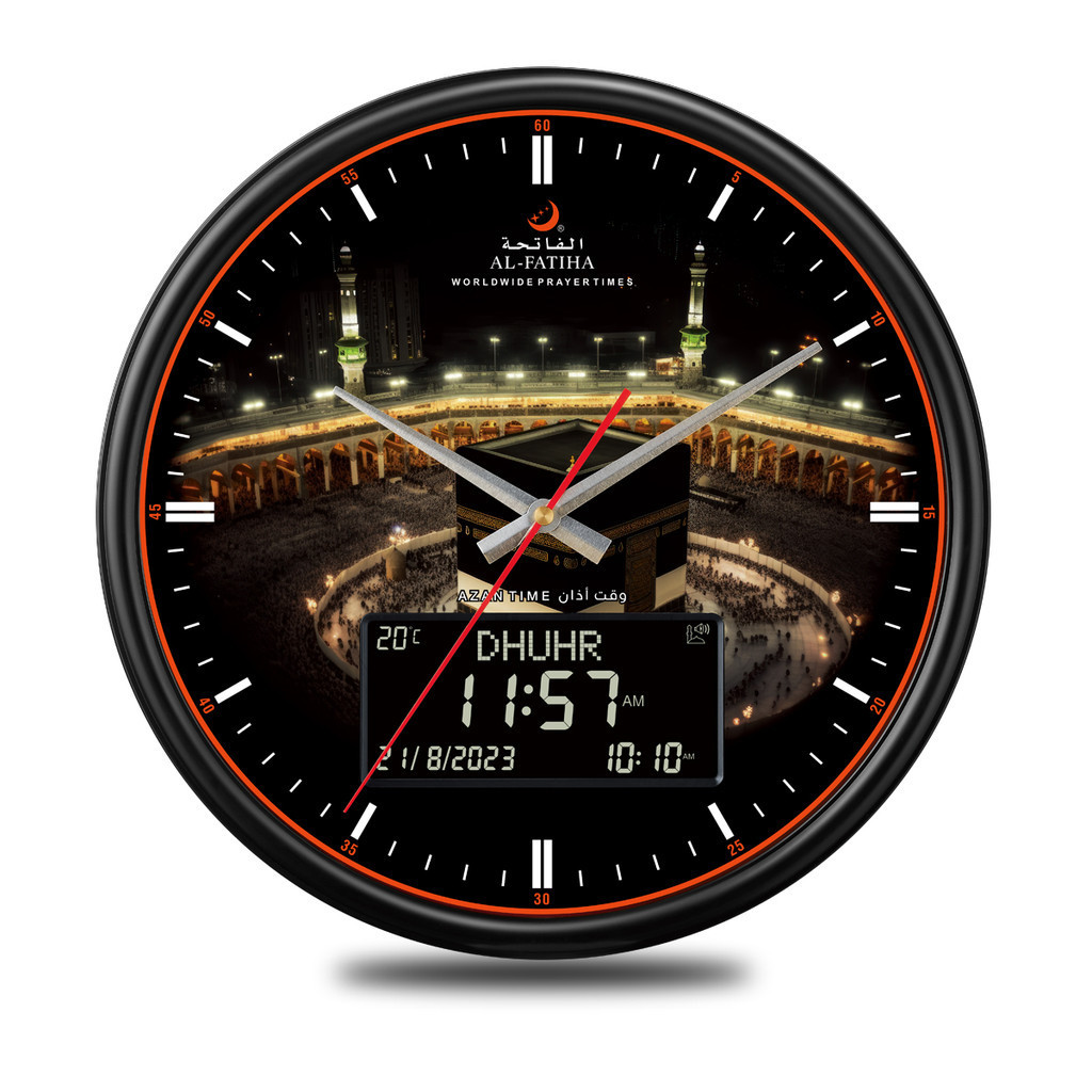 AL-FATIHA Athan Muslim Watch Digital-Analog Wall Clock with Hijri Calendar Azan Prayer Alarm Fajr Ti