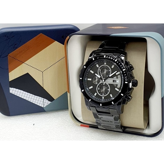 [TERMURAH] NEW Jam Tangan Fossil Pria Tali Rantai Chrono - Free Box Kaleng - Hitam