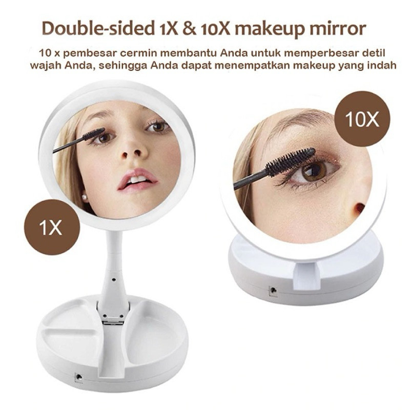 Foldaway Cermin LED Lipat Kaca Rias Makeup Cermin Pembesar Dua Sisi bisa Zoom Mirror Portable