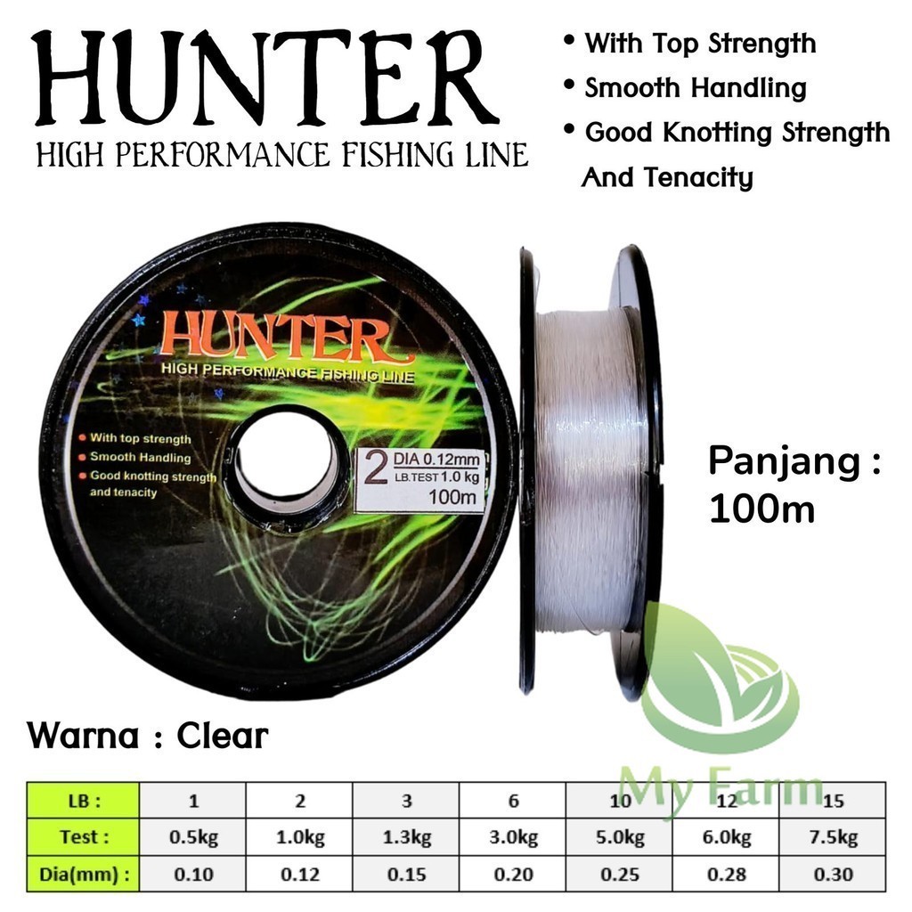 Hunter 1lb - 15lb Panjang 100m Senar Kenur Pancing Warna Clear Bening Tangkai Pancingan Mudah Tengge