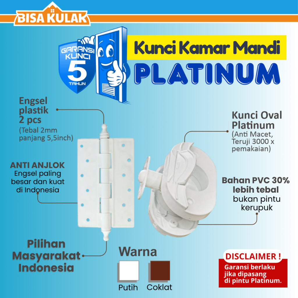 Handle Pintu PVC / Kunci Kamar Mandi PVC / Kunci Plastik Oval + Engsel || Merk PLATINUM