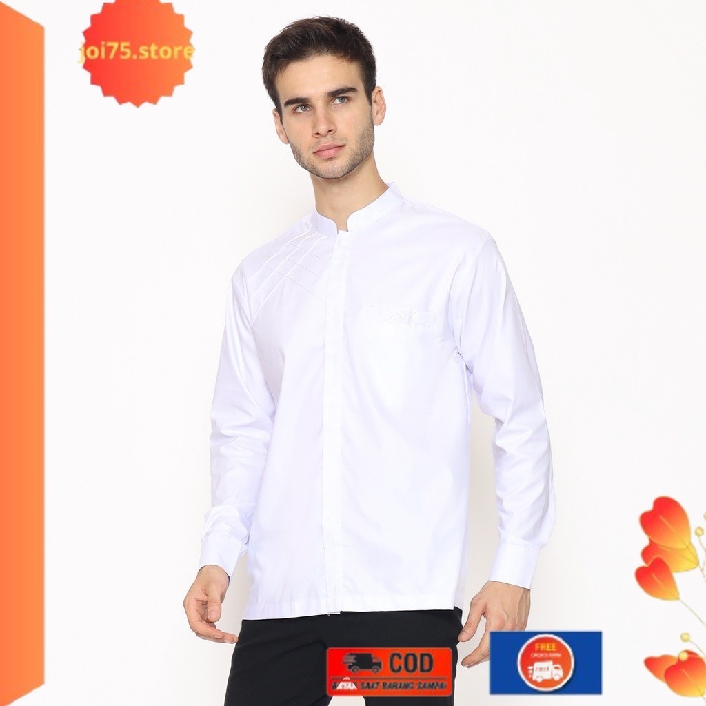 Terlaris ✨ -ALAWI - Asakhi Baju Koko Hadroh Pria Lengan Panjang Motif Marvel Warna Putih M L XL XXL