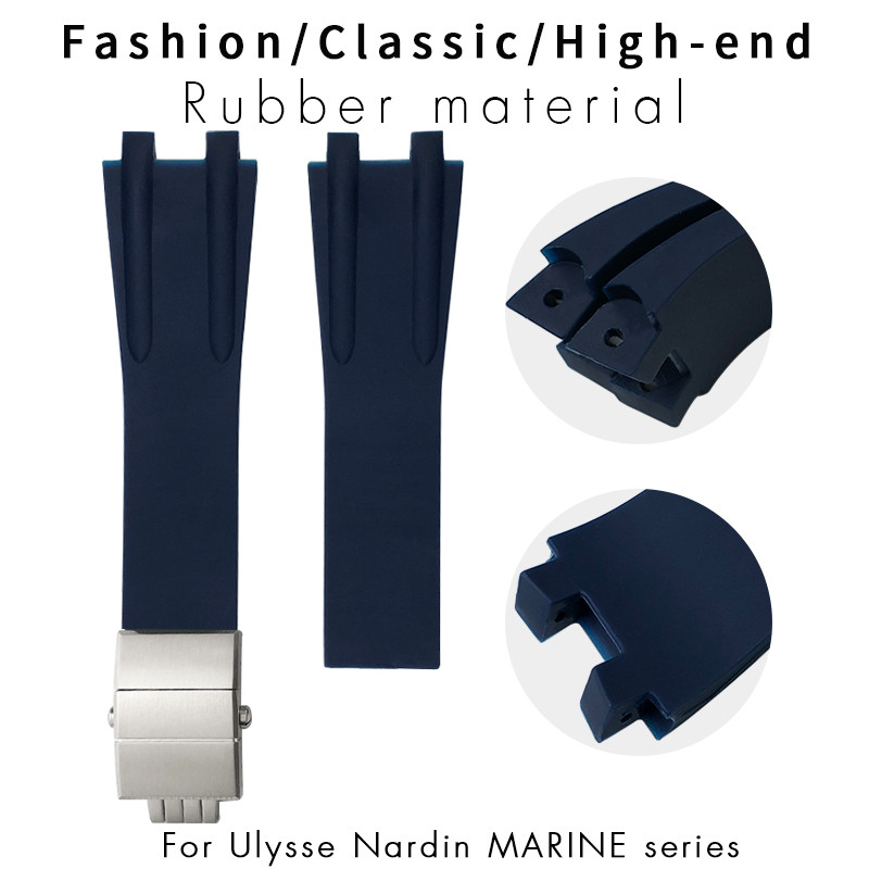 26mm Silicone Rubber Black Blue Watchband Fit for Ulysse Nardin Waterproof Watch Strap Metal Folding
