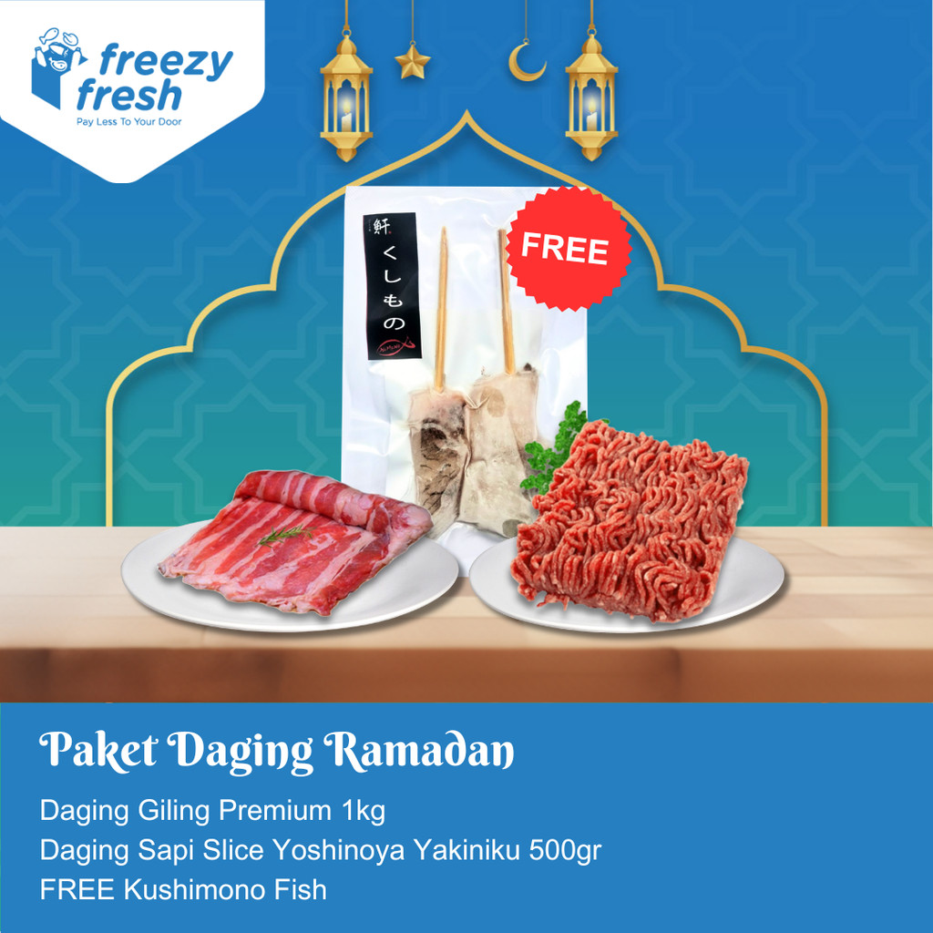 

[Paket Daging Ramadhan] 1 pcs Daging Giling Premium 1 Kg (CL 25 - 35%) & 1 pcs Daging Sapi Slice Yoshinoya Yakiniku 500 gr FREE Kushimono Fish