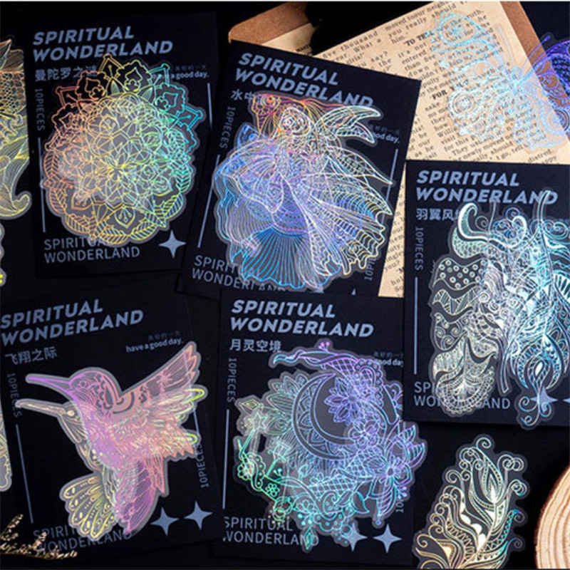 

10 Pcs /pack Laser Glitter Wonderland of Mind Decorative Stickers Households Life Stickers