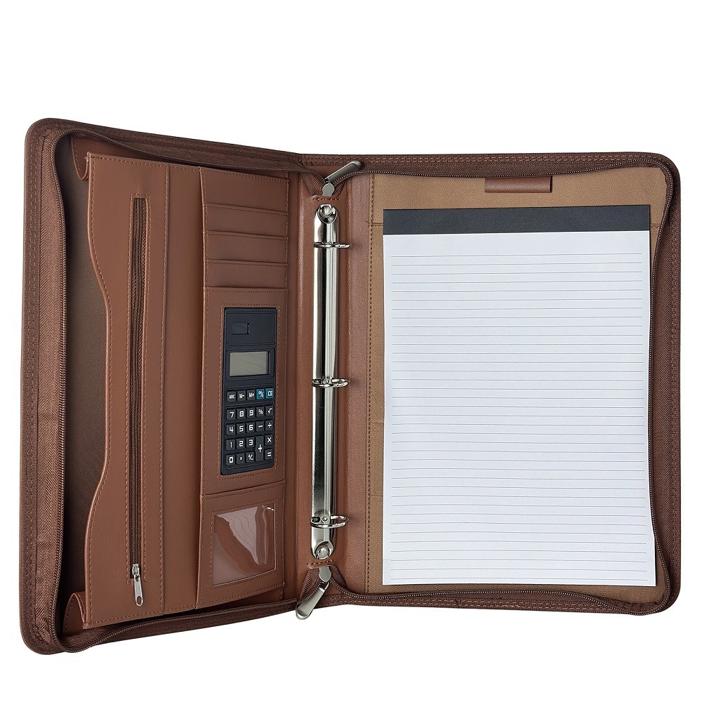 

Portfolios 3-Ring Binder Leather Business Folder Binder A4 Zippered with 10 Inch Tablet Sleeve Slot Solar Calculator Card Stora