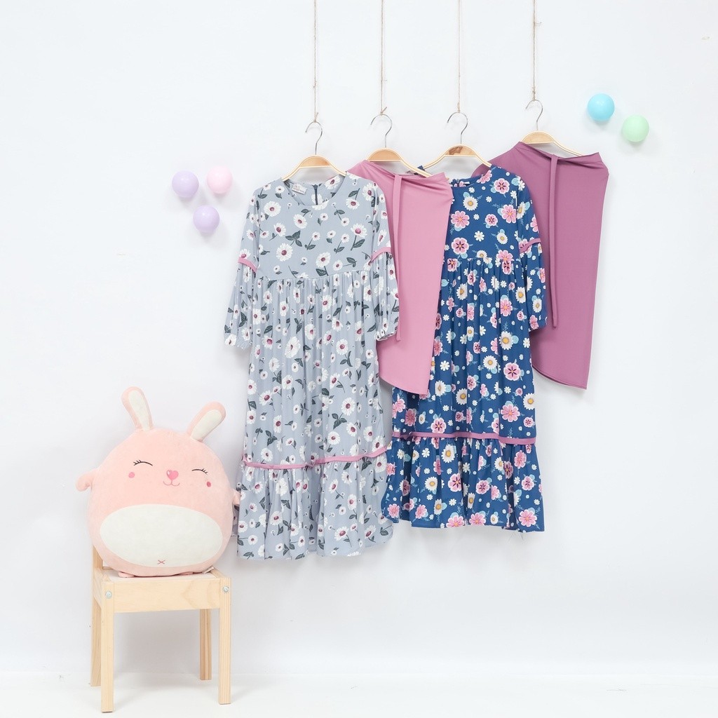 NavyZoo Set Gamis Anak Baju Muslim Gamis Rayon Gamis Set Hijab Home Dress Anak 4-8th