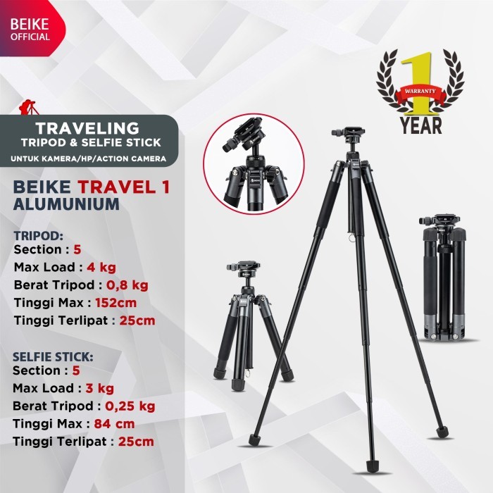 Beike Travel 1 Tripod Selfie Stick Traveling untuk Kamera / HP / Action Cam
