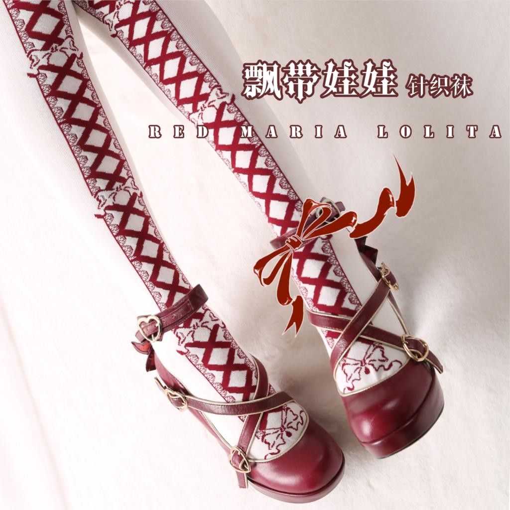 Lolita Stockings Ribbon Doll Knit Socks red lolita Socks lo Strap Bow Cotton Socks Knee Socks
