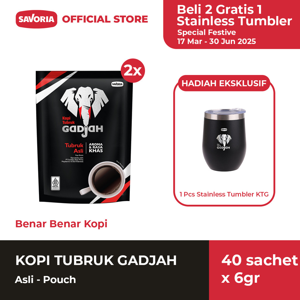 

Kopi Tubruk Gadjah Asli Pouch - 40 Sachet x 6g + Stainless Tumbler