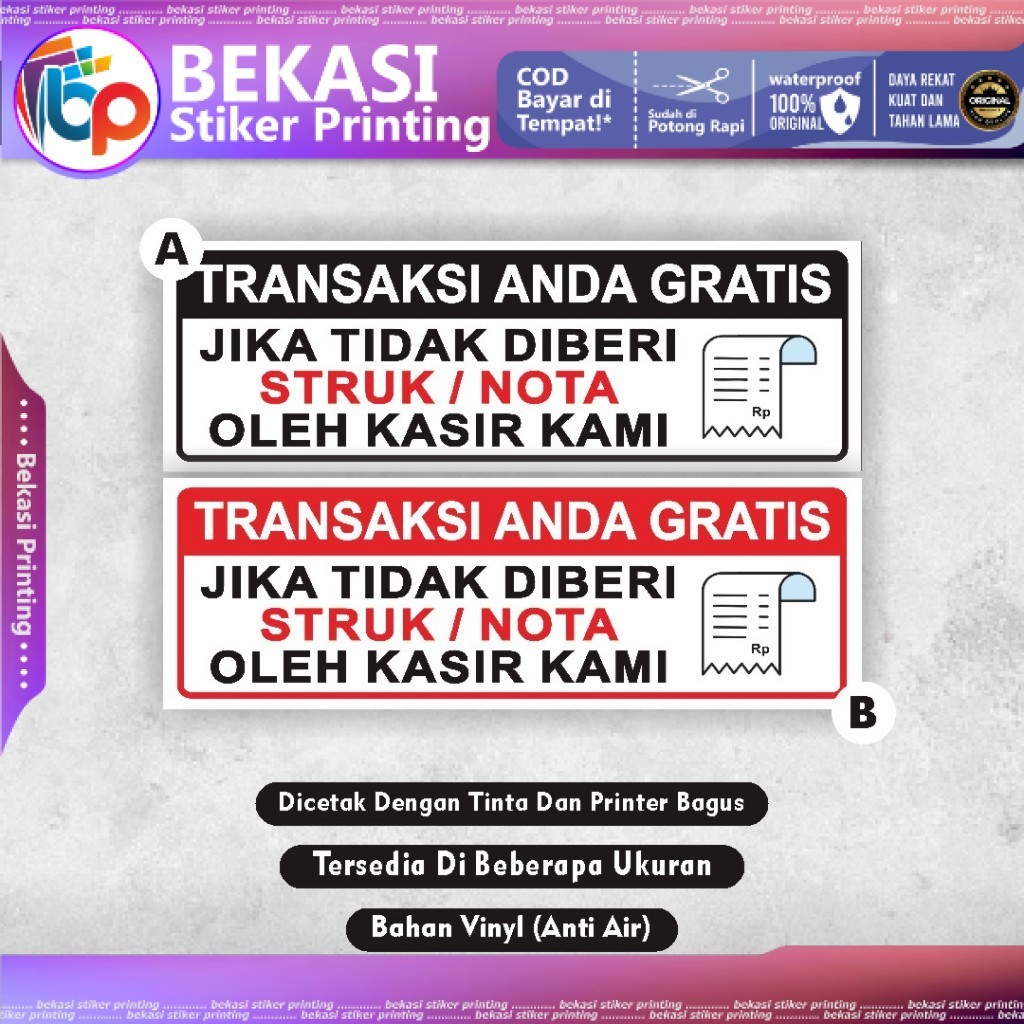 

Stiker Transaksi Gratis Apabila Tidak Dibeli Struk Nota Pembayaran Oleh Kasir Kami Stiker transaksi