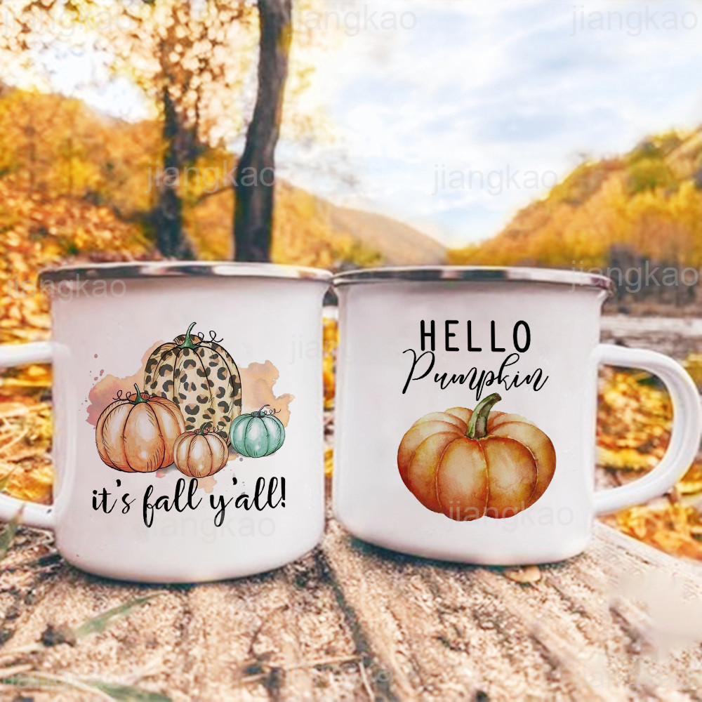 It's Fall Y'all Pumpkin Print Mug Coffee Cup Thanksgiving Party Juice Mug Cocoa  Enamel Cup Fall Hol