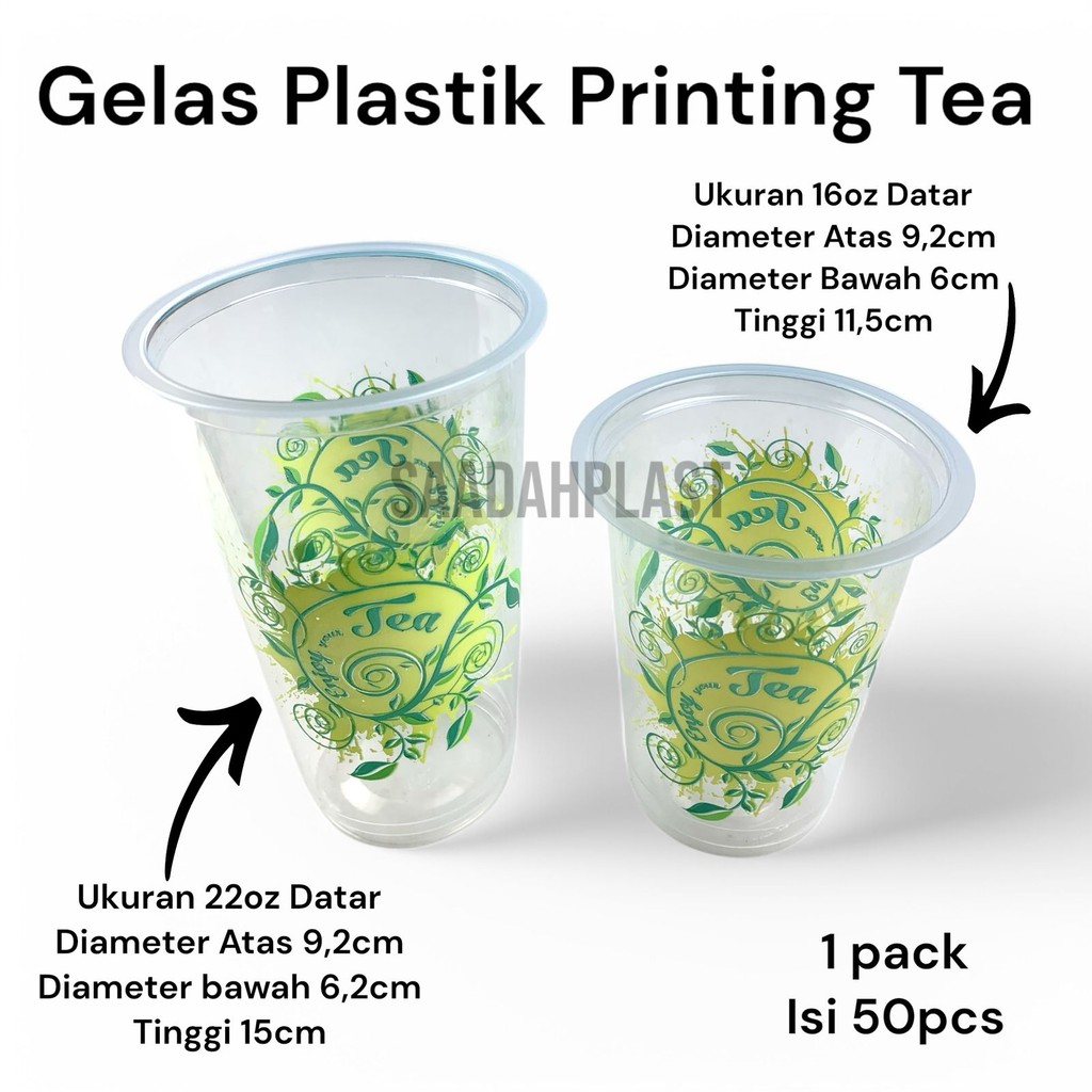 (ISI 50) Gelas Printing Motif Daun Teh 16oz 22oz Cup Plastik Es Teh Manis Enjoy Your Tea