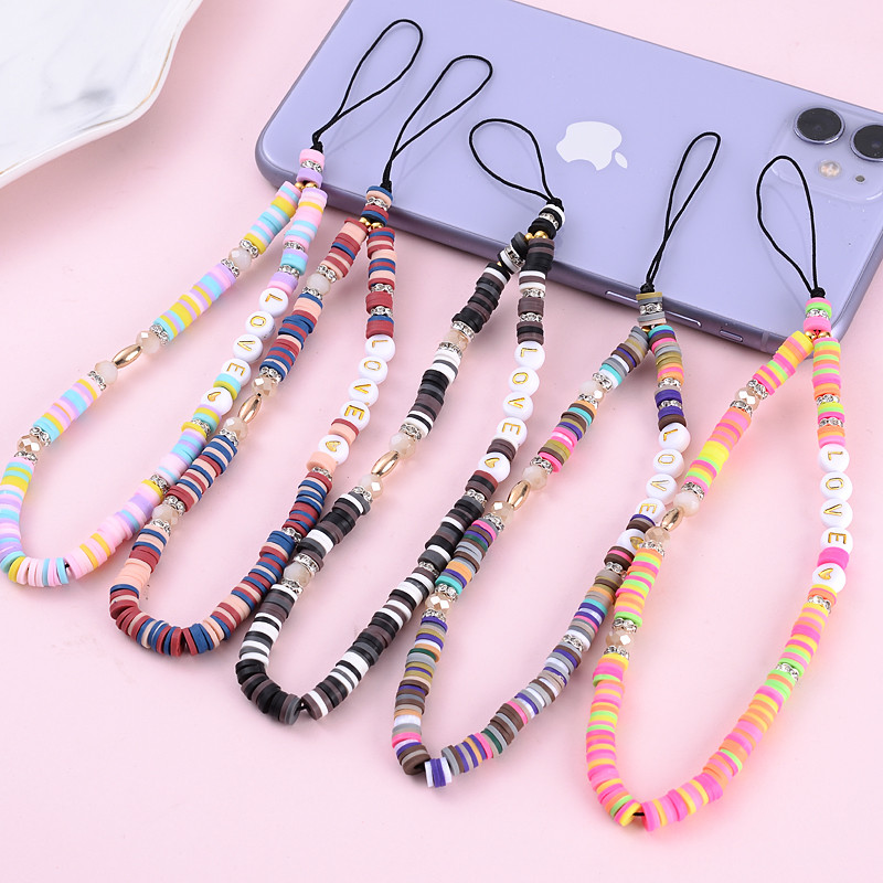 

6mm Heishi Clay Beaded Phone Chain Mobile Phone Strap Charm Love Letter Telephone Jewelry For Women Anti-Lost Lanyard Chains