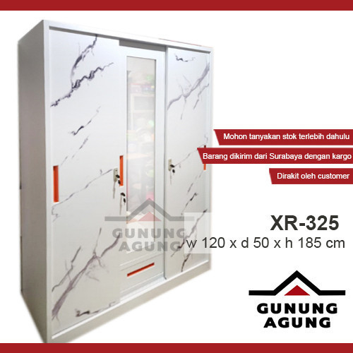 Lemari Baju Besi Minimalis Putih Marmer Sliding Swing XR-325 - Lemari Pakaian Besi 3 Pintu Lebar 120