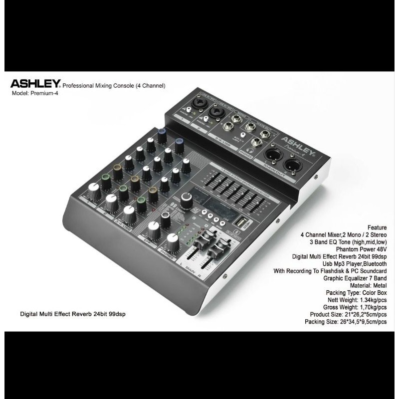 MIXER AUDIO ASHLEY PREMIUM4/PREMIUM 4 4CH USB-BLUETOOTH-RECORDING TO PC NEW