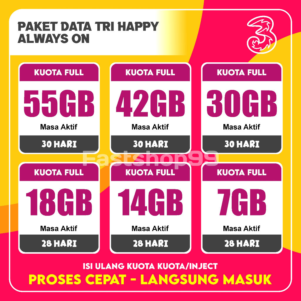 Terlaris Kuota Tri Aon Unlimited 52GB Bulanan 30 Hari Murah terbaru