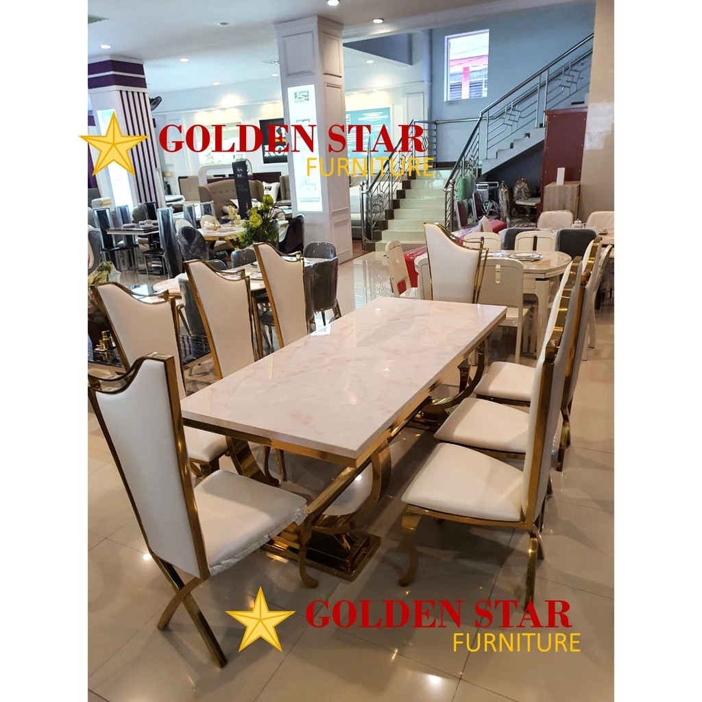 Meja Makan 8 Kursi H982 Marmer Stenlis Gold ( White / Black ) Uk 200