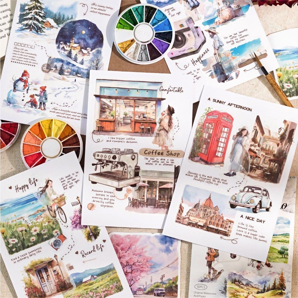 

30pcs Stiker TTS Time Traveler Sticker Ilustrasi Watercolor Cat Air Pemandangan Scenery