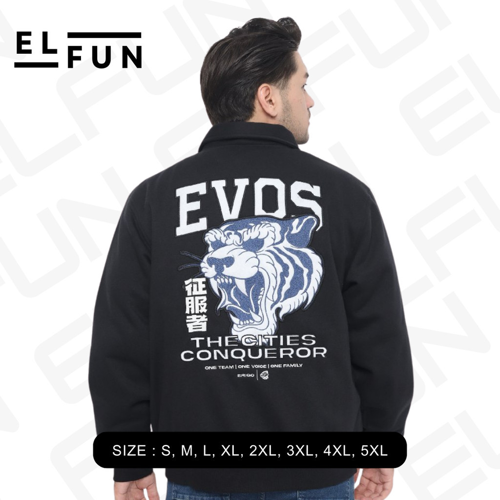 jaket varsity EVOS GLORY BLACK "THE CITIES CONQUEROR" terbaru 2024 RRQ ONIC ALTER EGO RRQ OVER SIZE 