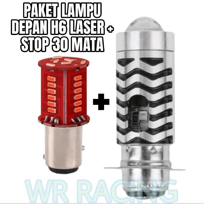 TERLARIS ( PAKET HEMAT ) LAMPU LED DEPAN H6 LASER SENJA BIRU + LAMPU STOP BELAKANG 30 MATA RUNNING S