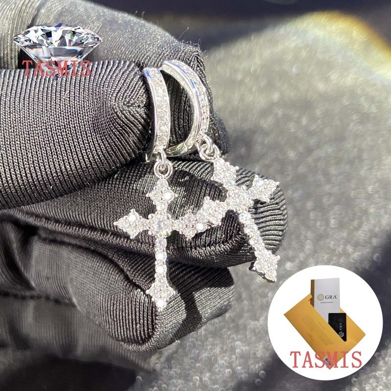TASMIS S925 Anting-Anting Salib Klasik Wanita Bertatahkan Kualitas Tinggi Modis Moissanite Stok
