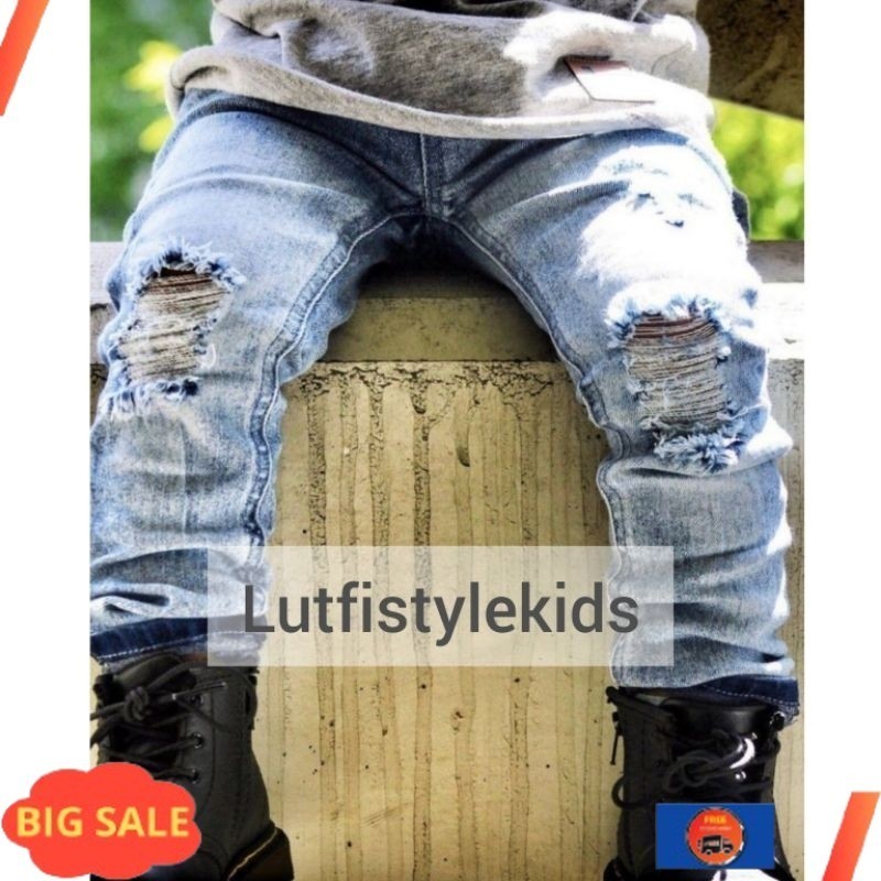 ✨COD✨ -Celana Jeans Anak Cowok Laki Laki Snow Black Woshing Ripped Jens Anak Laki Laki Tanggung Sobe