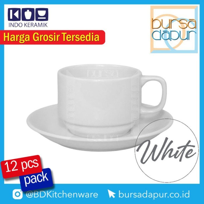 Indo Keramik Plain White Cup Saucer Bistro 7oz (C/S-BST) Cangkir Kopi (Harga Lusinan)