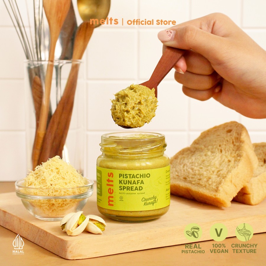 

Melts Pistachio Kunafa Spread - Selai Kacang Crunchy Plant Based VEGAN ( Glass Jar 100gr )