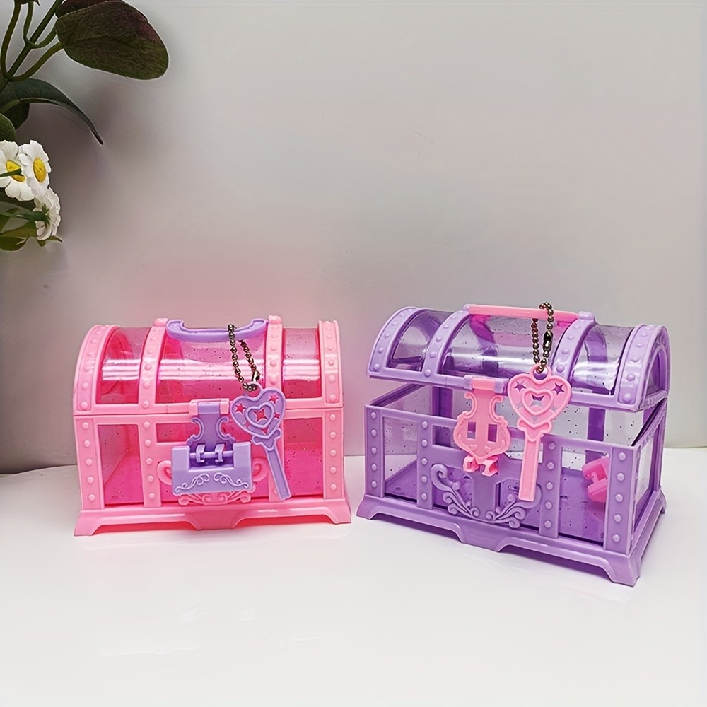 

1pc Pink/Purple Cute Makeup Box, Plastic Toy Box With Lock, Treasure Chest Jewelry Case, Decoration Ornament Case Girls Dressing