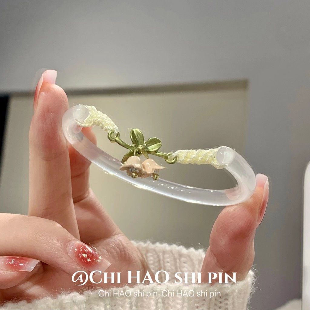 New Style Fresh Orchid Imitation Hotan Jade Opening Bangle Bracelet French Court Retro Acrylic Handm