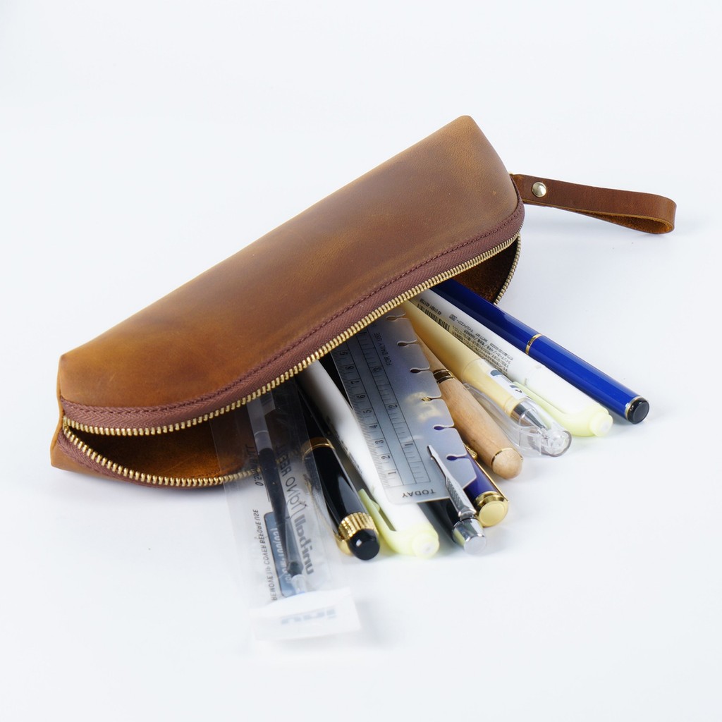 

Zipper Pencil Case Genuine Leather Pen Bag Creative Pens Organizer Pouch Simple Stationery Holder for School Office Travel