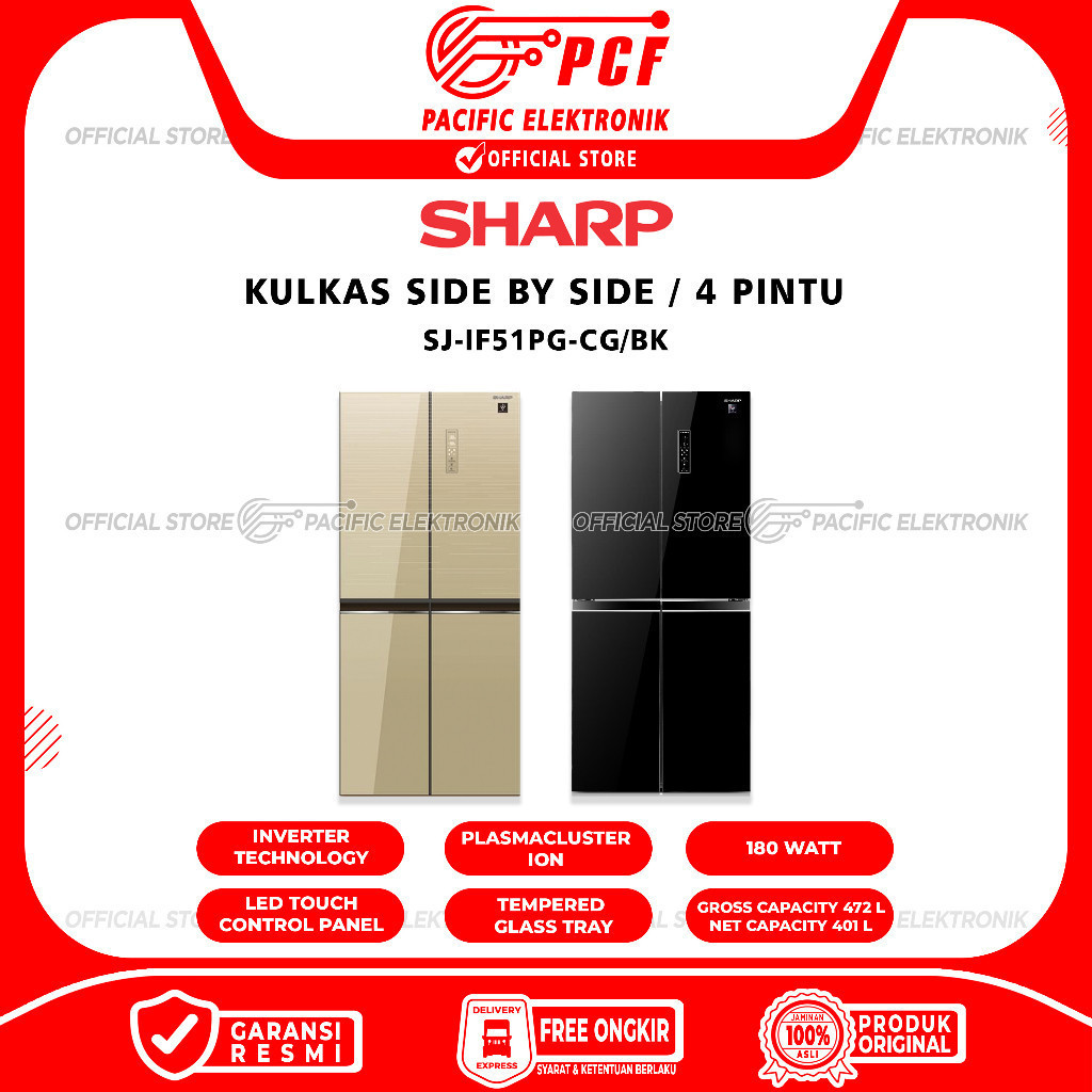 Side By Side Sharp 4pintu SJ-IF51PG-BK/CG / 51PG (Black / Gold)