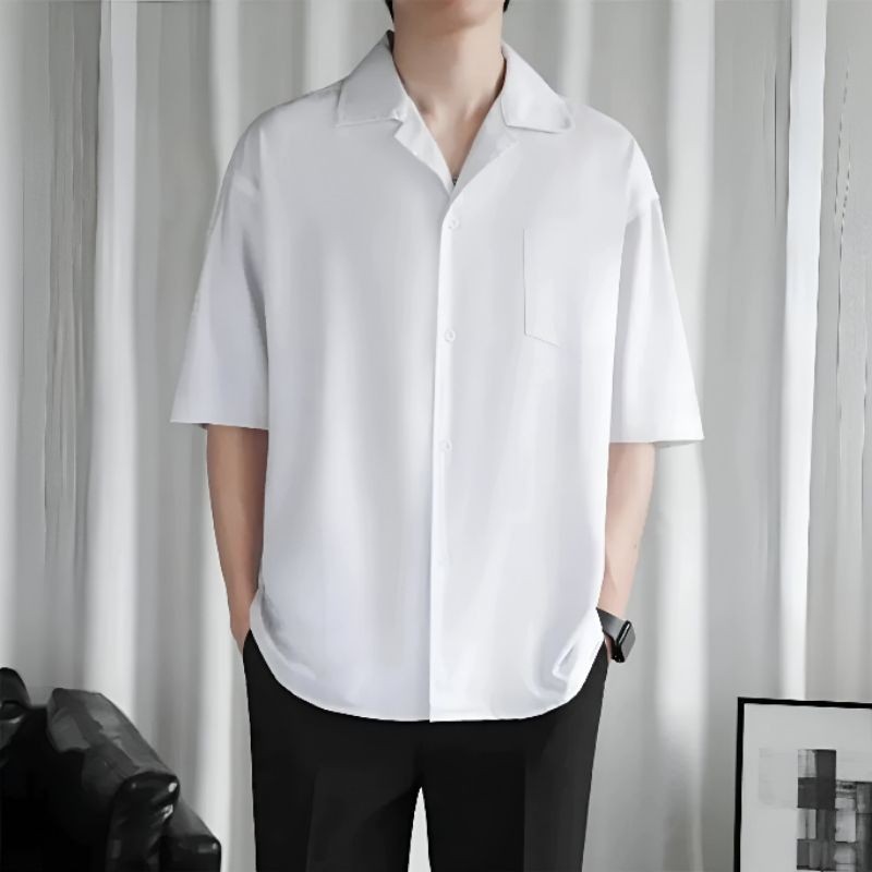 Kemeja Pria Hawai Keren Outfit Cowok Terbaru Katun Rayon Trandy Clothes Warna Putih