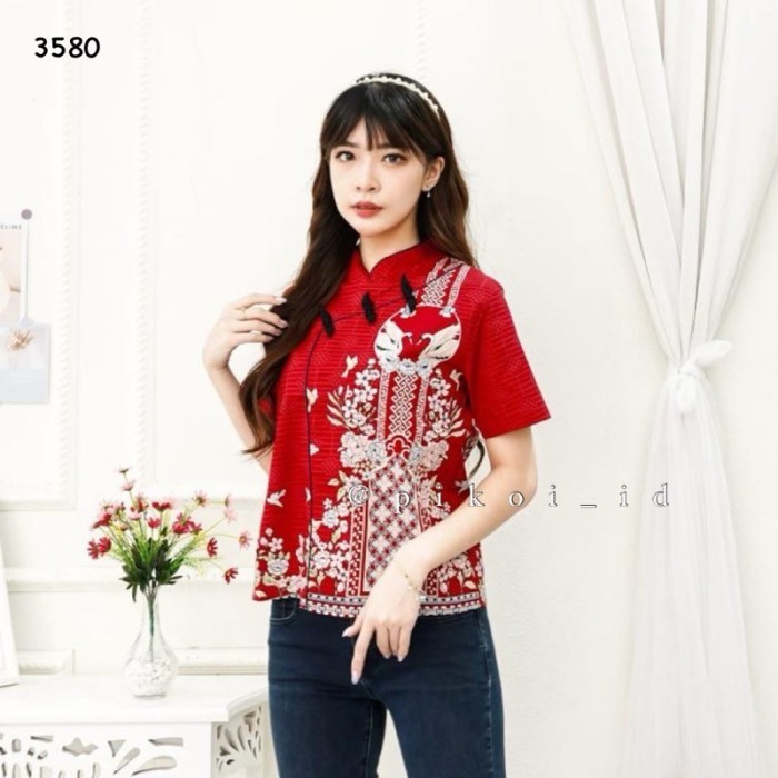 promo ✨ -Atasan Cheongsam nita merah kancing shanghai / baju Congsam batik ok - RED CINDY-3580, JUMB