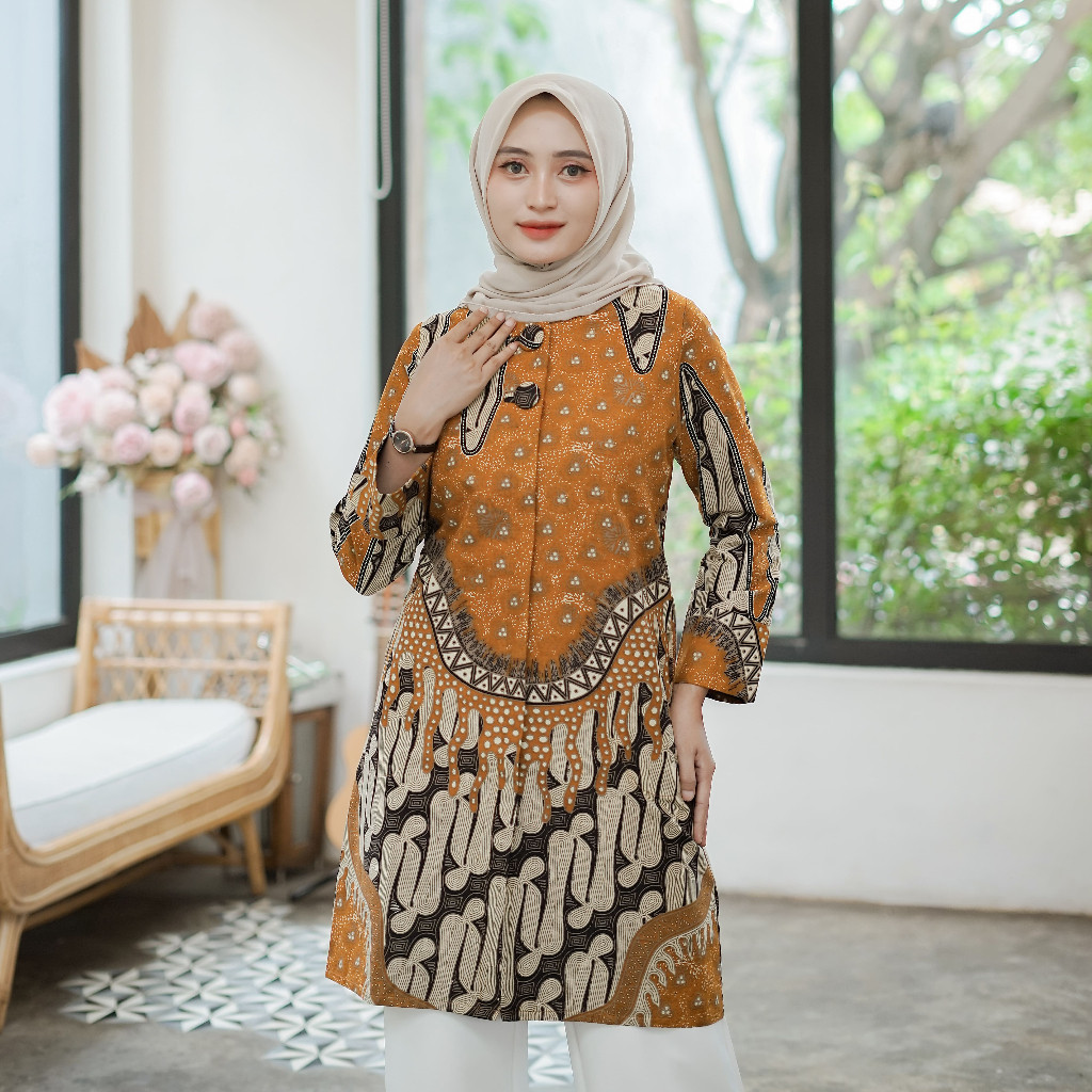 Linggayoni_Tunik Batik Wanita Lapis Trikot Katun Premium Motif Parang Model Lengan Panjang Busui Fre