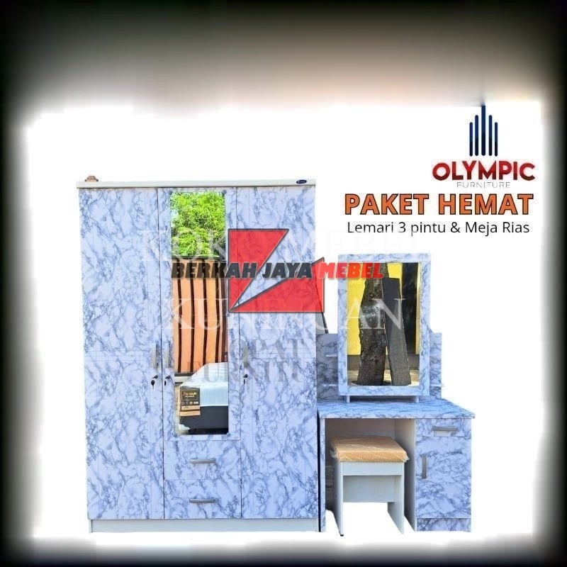 (COD) Set Lemari 3 Pintu dan Meja Rias Kaca Sliding - Lemari  dan Meja Rias Murah - Satu Set